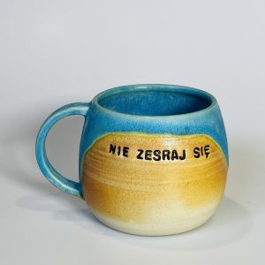 Kubek „Nie zesraj się” – turkusowo-miodowy – 420 ml